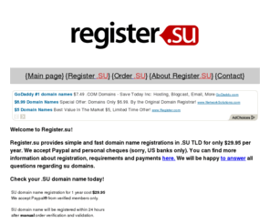 unlimited.su: Welcome to Register.SU - register your .SU domain name today!
Register.su provides domain registrations in .SU domain TLD