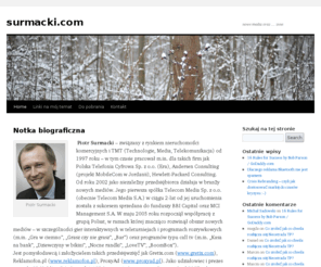 surmacki.com: Piotr Surmacki
Piotr Surmacki - przedsiębiorca działający na rynku TMT od 1997 roku. Główny akcjonariusz m.in. ProxyAd S.A., twórca takich serwisów jak Reklamofon.pl, czy Gretix.com.