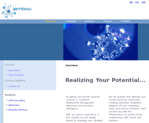jambou.com: Jambou - CRM Consulting - Overview
Customer Relationship Management, eBusiness und Business Intelligence sind die Schwerpunkte der Dienstleistungen Jambou´s.