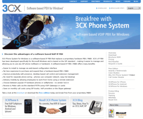 pbxinnovations.com: 3CX Phone System - software based VoIP IP PBX / PABX for Windows
3CX VOIP PBX - provides an easy to use, plug and play SIP - IP PABX for Windows. With a software based IP PBX you will save on PBX maintenance and halve your phone bill. Download the FREE edition today and break free from your proprietary phone system!