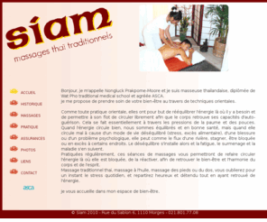 siam-massages.net: Siam, massages thaï à Morges
Massages traditionnels thaï  à Morges, réflexologie thaï . Venez prendre soin de votre bien-être dans l'univers de l'espace Siam.