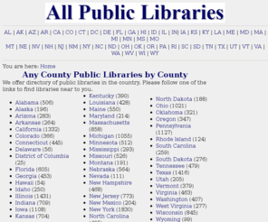 allpubliclibraries.com: All Public Libraries
Listings and profiles of U.S. public libraries. Categorized by state and name.