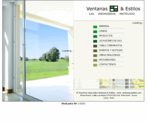 ventanasyestilos.com: Ventanas y Estilos - Sistema Inteligente de Ventanería
Ventanas y Estilos pone a su disposición sus sistemas de ventanería inteligente: Ventanas antiruido, Ventanas herméticas, Ventanas vinilicas, Ventanas de PVC, Ventanas acusticas, Ventanas ecológicas, Ventanas del futuro,
Puertas de PVC, Mamparas de PVC, Mamparas antiruido, Mamparas hermeticas, Mamparas ecológicas, Mamparas del futuro, Ventanas anti-ruido