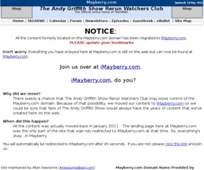 thelmalou.com: The Andy Griffith Show Rerun Watchers Club
The Andy Griffith Show Rerun Watchers Club is your one stop location for anything to do with The Andy Griffith Show, Mayberry,NC, and the cast and crew of TAGS. 