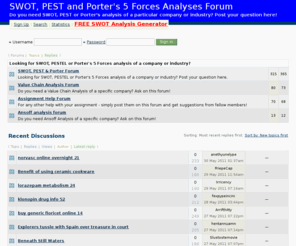 swot-pest-porter.co.uk: SWOT, PEST and Porter Forum Community
SWOT, PEST and Porter's 5 Forces analyses forum. Ask your questions and get free advice!