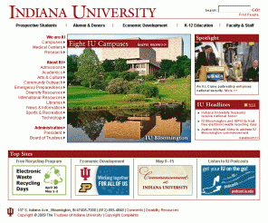 indiana.edu: Indiana University
Official Indiana University homepage. You will find information about Campuses, Medical Centers, Research Centers, Economic Development, Academics, Administration, Admissions, Arts, Culture, Athletics, Recreation, Libraries, News, President, Board of Directors for the IU System