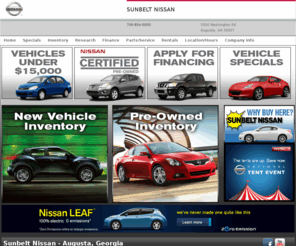 sunbeltauto.com: Sunbelt Nissan - New and Used Cars, Parts and Service -  Augusta, GA, West Augusta, North Augustam GA and CSR.
At Sunbelt Nissan, we carry a extensive selection of new Nissan vehicles including the Nissan Nissan Titan, Altima, 350z, Xterra, Titan, Pathfinder. Sunbelt Nissan maintains a vast inventory of quality inspected Pre-Owned cars, trucks and SUVs. New and Pre-Owned vehicle car financing for all Nissans. Stop in today and take advantage of our financing deals. Proudly serving the cities of Augusta, GA, West Augusta, North Augustam GA and CSR.