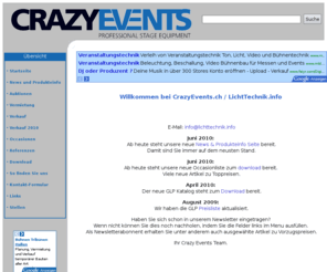 crazyevents.com: Lichttechnik.info - Crazy Events Veranstaltungstechnik
Wir verkaufen und vermieten Licht-, Musik-, Laser- und Mutlimediaanlagen * We sell and rent light, sound, laser and multimedia equipment