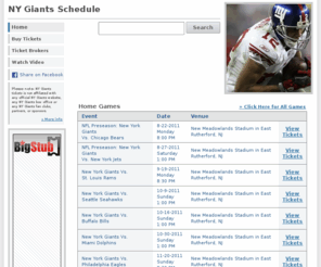 nygiantsschedule.com: NY Giants Schedule
NY Giants Schedule 2011. Get the schedule and discover the best NY Giants tickets including premium tickets and cheap tickets exclusively from NYGiantsSchedule.com!