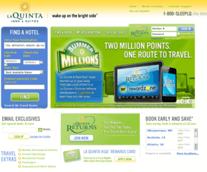 lq.com: La Quinta Inns & Suites Official Site - Hotels, Reservations, Hotel Deals
La Quinta Inn and Suites provides quality hotel accommodations, including Free High Speed Internet access, for business and leisure travelers. Make an online hotel reservation, find a listing of La Quinta Inn and Suites hotels, or join the Returns hotel rewards program.