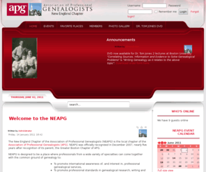 neapg.org: Welcome to the NEAPG
neapg.org, website for the New England Chapter of the Association of Professional Genealogists. The source for Professional Genealogists in the New England Area.