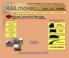 traincarmover.info: Railmovers for sale or rent
Railroad car movers for sale, rent or lease. Choose from railcar moving machines like Trackmobile, Rail Car Mover, Shuttlewagon and Railking for moving rail cars and machines. Buy or sell