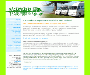 backpackernz.co.nz: Backpacker Campervan Rental Hire New Zealand Campervan Rentals NZ Hire Campervans New Zealand
Backpacker campervan rental & campervan hire in New Zealand. Hire campervans with Backpackers Transport for travel New Zealand wide; NZ campervan rentals, 2-3 berth fully equipped quality campervans.