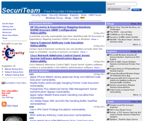 securiteam.com: SecuriTeam.com
Beyond Security will help you expose your security holes and will show you what the bad guys already know about your hosts and network. Use our Automated Scanning service to perform a full security audit of your site, and find the latest security news and tools on Beyond Security's SecuriTeam web site.