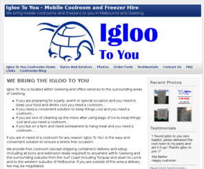 geelongcoolrooms.com: Igloo To You - Coolroom Hire Home - Igloo To You - Mobile Coolroom and Freezer Hire
Igloo To You - Coolrooms and Freezers are available within Geelong and the surrounding area