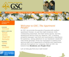 generalservicescorporation.com: GSC Apartment Communities | Apartment Homes for Rent | Virginia, North Carolina, Georgia, Nevada
Apartments for rent in Richmond, Virginia VA, Chapel Hill, Raleigh, Durham, North Carolina NC, Las Vegas, Nevada NV, Atlanta, Georgia GA