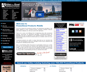 promotionalproductsmobile.com: Promotional Products for Mobile, Alabama, AL area, including Prichard, Chickasaw, Saraland, Satsuma and Creola in Alabama, AL
Promotional Products and Advertising Specialties by Allen & Goel Marketing for Mobile, Alabama, AL area, including Prichard, Chickasaw, Saraland, Satsuma and Creola in Alabama, AL. Mugs, Travel Mugs, Pens, Pencils, Memo Pads,  Magnets, Mouse Pads, Stress Toys, Key Chains, Portfolios, Memo Boards, Flashlights, Food Gifts, Golf Items, Tote, Duffel, Cooler Bags,   Apparel, Calendars, Bags, Magnets, Dry Erase Boards, Mouse Pads, Food Gifts, Desktop Items, Flashlights,  Umbrellas, Games, Awards, Plastic Cards, Frames, Cups