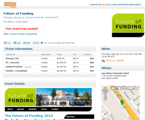 futureoffunding.com: Future of Funding - Entrepreneur - Ceo - Investor- Eventbrite
Future of Funding -- Thursday, February 18, 2010 -- San Mateo, United States