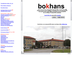 bokhans.com: Välkommen till bokhans, bokälskarens vän på nätet.
Bokhans sajt om böcker och författare. Här hittar du 100 tals länkar till platser på nätet där du kan köpa nya och tidigare lästa böcker.