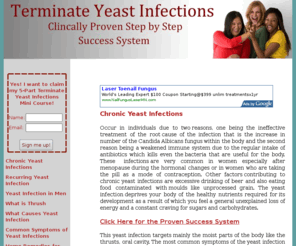 terminateyeastinfections.com: Chronic Yeast Infections
Chronic Yeast Infections occurs in individuals due to two reasons, one being the ineffetive treatment of the root cause of the infection and the second reason being a weakend immune system.