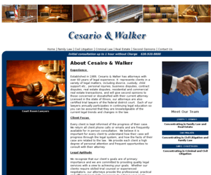 cesarioandwalker.com: Cesario and Walker law firm
Pursuing clients' rights since 1989. Practice covers personal and business matters. Certified trial lawyers located in Hinsdale, IL. Areas of practice include, Family
Law, including divorce, custody and paternity, Real Estate law and Criminal Law. http://www.cesariowalker.com  