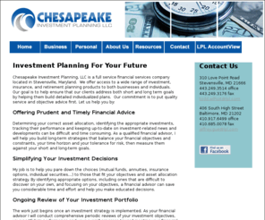 chesapeakeinsuranceplanning.com: Investment Planning and Financial Advice
Chesapeake Investment Planning will assist you in understanding which investments make sense for your financial goals rather that be retirement, saving for college, or attaining wealth.