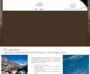 hotel-la-vanoise.net: → HOTEL LA VANOISE BRIDES LES BAINS - HOTEL BRIDES LES BAINS - SITE OFFICIEL - HOTEL LA VANOISE 3 VALLEES
Hôtel La Vanoise à Brides les Bains, 3 Vallées. Hôtel charme 2 étoiles au centre de Brides, proche de l'établissement thermal, du télécabine et du Spa. Restaurant, bar, piscine d'été chauffée.