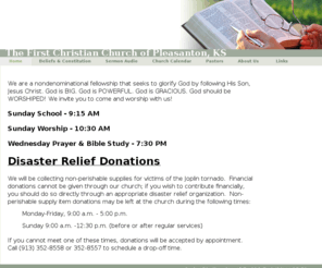 pleasantonchristian.com: Home - The First Christian Church of Pleasanton, KS
This is the official website of the First Christian Church of Pleasanton, KS. Here you can find info on our beliefs, services, pastors, etc. Our motto is "Do all to the glory of God." -1 Cor. 10:31