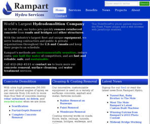 overheadhydrodemolition.com: Rampart Hydro Services
reinforced-concrete demolition, hydrodemolition, hydro-demolition, vacuum services, road and bridge reconstruction, reinforced-concrete removal, scarification, partial-depth, complete concrete, surface cleaning, ultra high pressure, 36000 psi, UHP, rubber removal, paint and coatings removal, membrane removal, water filtration, largest fleet