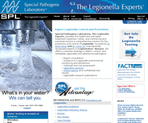 standard188.org: Special Pathogens Laboratory - Legionella Testing and Risk Assessment
Special Pathogens Laboratory is a nationally-recognized analytical microbiology laboratory that offers the healthcare industry, water treatment industry and other commercial and industrial sectors reliable, high-quality microbiology services specializing in the detection, control and remediation of waterborne pathogens such as Legionella, Pseudomonas, Mycobacteria and fungi. 