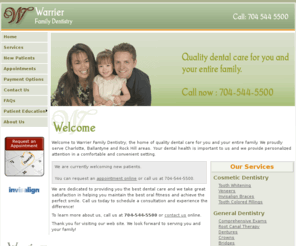 drwarrier.com: Warrierdentistry.com | Dentist Charlotte, NC | Welcome
Dentist serving Charlotte, Ballantyne, Pineville, Rock Hill. Dental office providing cosmetic dentistry, crowns and bridge, dentures, root canals, extractions and TMJ treatment