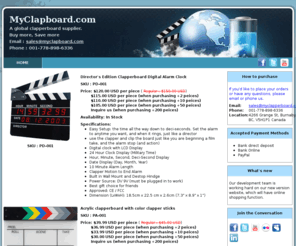 myclapboard.com: Clapper boards,Movie Clappers, Film Slates - MyClapboard.com
A global moive clapperboard supplier, based in Vancouver, Canada, selling digital,acrylic and wooden movie clapperboards. We have three offices and factories in China