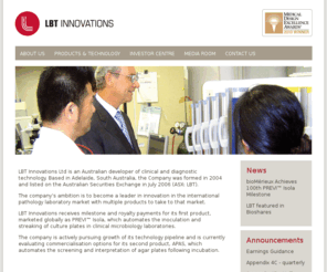 labtechsystems.net: LBT Innovations
LBT Innovations Ltd was formed to further research and develop two outstanding technology opportunities for innovation and advancement in areas of laboratory automation and cancer management.
