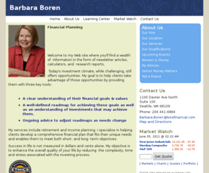 barbaraboren.com: Boren Financial
retirement planning, women & money,barbara boren, boren financial, money management for women, 
green investing, socially responsible investing, sustainable investing, senior investing, retirement investing, elder care, elders and money, elder investing, income planning, income for life, aid in attendance, veterans long term care, estate planning, conservative investing