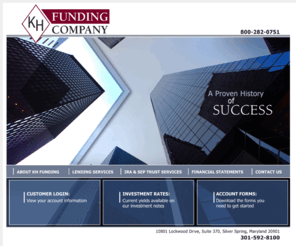 khfunding.com: KH Funding Company
KH Funding Company is a mortgage investment bank. The Company provides its customers with a choice of Checking Accounts, Savings Accounts and Certificate's of Deposit - Silver Spring, Maryland 