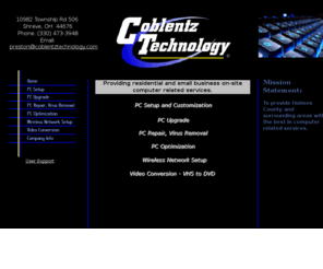 coblentztechnology.com: Coblentz Technology
Providing Holmes County with computer services such as computer setup, computer repair and video conversion.