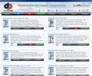 dynamicpdf.com: Dynamic PDF - Generate, Create and Merge PDF documents
Dynamic PDF components are class libraries that allow you to create PDF documents(from scratch or a database) 
  and manipulate (merge, append, split stamp, form fill, etc.) PDF documents or reports from .NET, Java and 
  COM/ActiveX.