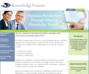 knowledgevisions.com: Knowledge Visions knowledge transfer employee transition workforce transition workforce productivity
Knowledge Visions provides Productivity Transition Services, a comprehensive solution for knowledge transfer during workforce transition