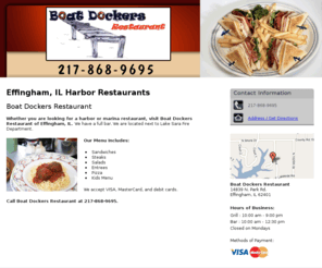 boatdockersrestaurant.com: Harbor Restaurants Effingham, IL - Boat Dockers Restaurant
Boat Dockers Restaurant is a harbor restaurant located in the Effingham, IL area. We have a full bar. VISA and MasterCard accepted. Call 217-868-9695.