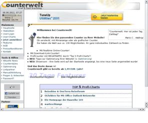 counterwelt.com: Counter in Counterwelt.com (start) : Besucherzähler und Live-Statistiken für Ihre Homepage. Zugriffszähler - realtime!
Counter Welt - Besucherzähler für Ihre Homepage. Webstatistiken und Livecounter.