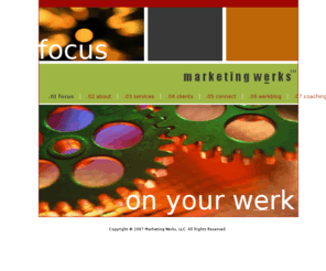 marketingwerks.net: marketing werks...focus on your werk!  marketing consulting services
marketing werks is a Washington, DC based consulting firm that provides marketing expertise and on-site consultation to help you define, develop or implement your strategy. 
