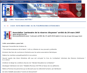 anttrn.com: association Nationale des titulaires du titre de reconnaissance de la Nation
association Nationale des titulaires du titre de reconnaissance de la Nation pour la  France et pour la section Bretagne à St Nolff en Morbihan près de Vannes, anciens combattants, missions extérieures, médailles de l'administration pour la nation, civils et militaires de l'armée à la retraite avec l'ANT-TRN