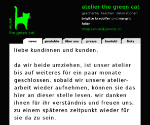 thegreencat.ch: atelier the green cat
Originelle, persönliche Geschenke, Mitbringsel, Taschen, Strickwaren, Vögel, Dekorationen, Vernünftige Preise, in der Schweiz handgearbeitet, auch nach Ihren Wünschen.