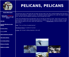 pelicanlife.org: The California Brown Pelicans of Santa Barbara
PelicanLife teaches about the California Brown Pelicans, an officially endangered species under California and US laws. The focus is on Santa Barbara, California brown pelicans and the work of the Santa Barbara Wildlife Care Network. PelicanLife tells how to help rescue injured seabirds. Described are rare pelican species worldwide, including the American White Pelican. PelicanLife lists California wildlife rehabilitators and laws governing wildlife protection. It provides current news relating to pelicans across the United States, including the Gulf oil spill, and endangered birds worldwide.