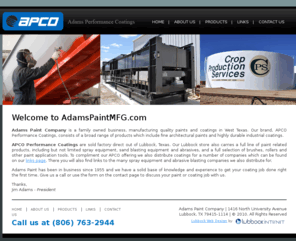 adamspaintmfg.com: Adams Paint Co. Lubbock TX
Your Locally owned and operated Texas Paint Performance Coatings Company - Adams Paint Company