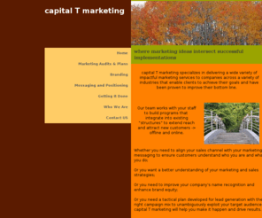capitaltmarketing.com: capital T marketing - marketing consulting
marketing consulting services to small medium businesses including marketing plans, lead generation campaigns, brand enhancement.