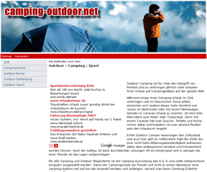 camping-outdoor.net: Camping | Outdoor | Sport | Zelten
Zahlreiche Camping Anhänger zieht es jährlich auf Campingplätze dieser Welt. Das Campingzubehör ist beim Outdoor Camping wichtiger Bestandteil und sollte sorgfältig ausgewählt werden.