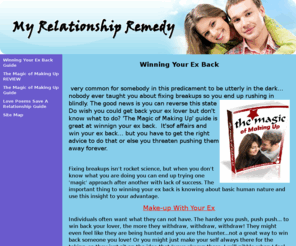 myrelationshipremedy.com: Winning Your Ex Back Guide
Do wish you could get back your ex lover but don't know what to do? This is where the Winning Your Ex Back Guide may come in very handy!