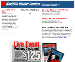 net5000.com: Net5000 Market Centers in 4000 Cities
4000 city geographic directory of local business links and free classifieds.