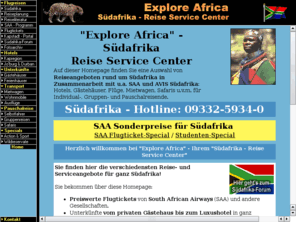 explore-africa.de: Sdafrika Reisen
Sdafrika und Namibia Reisen: Flugtickets, Mietwagen, Wohnmobile, Unterknfte, Safaris und Touren fr Individual-, Gruppen- und Pauschalreisende